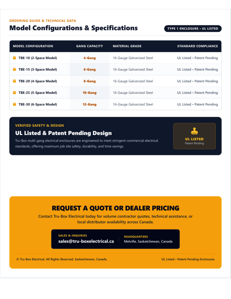 TRU-BOX Electrical model configurations and contact details brochure page